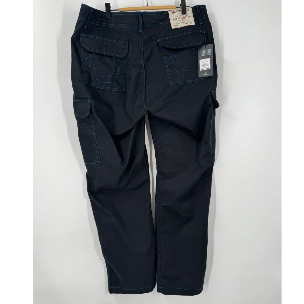 True Religion Mens Cargo Pants Jet Black‎ Pacific Blue Contrast Stitch Size 34